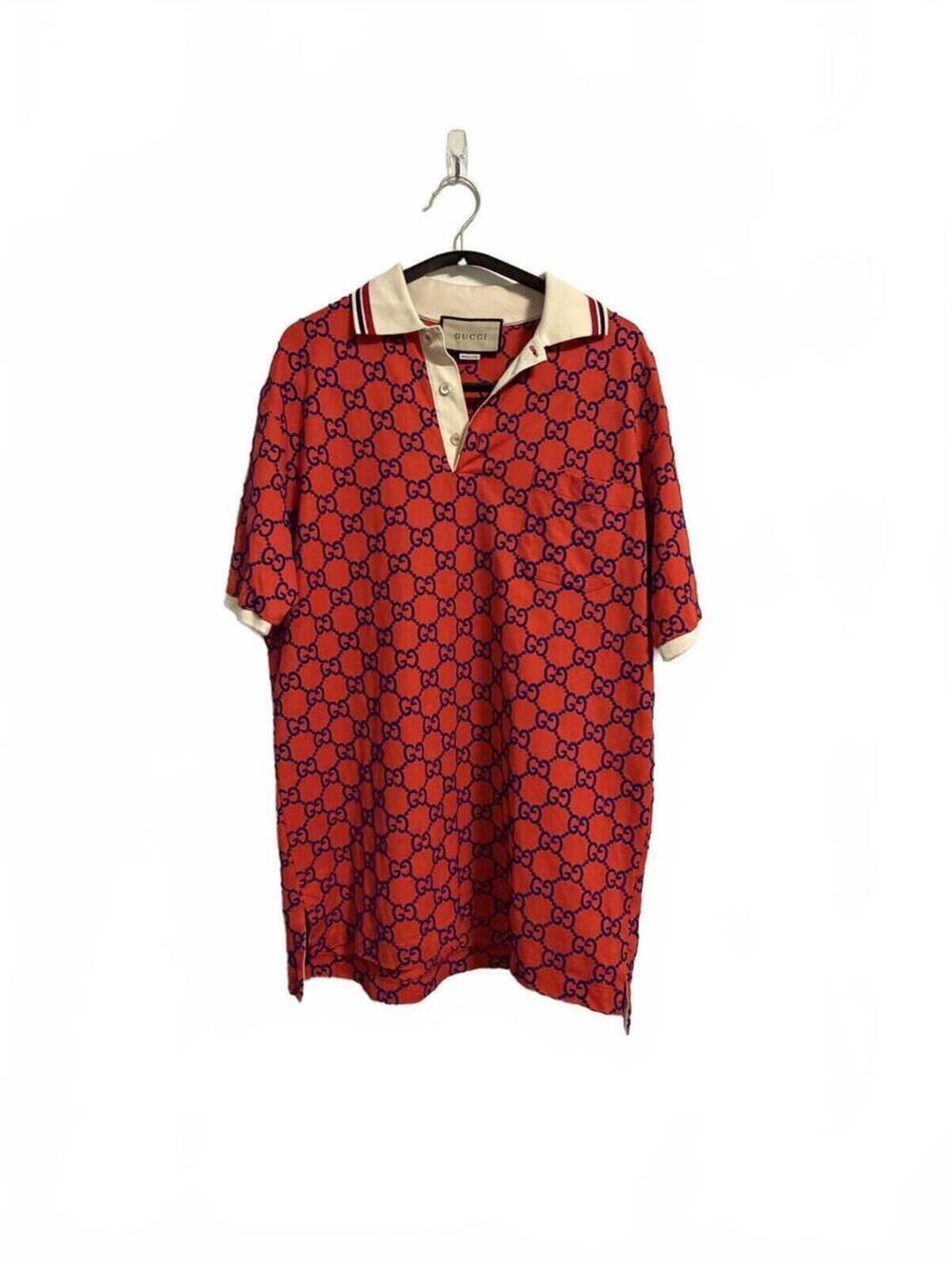 Gucci GG Monogram Short Sleeve Polo Shirt Orange Blue Size XL